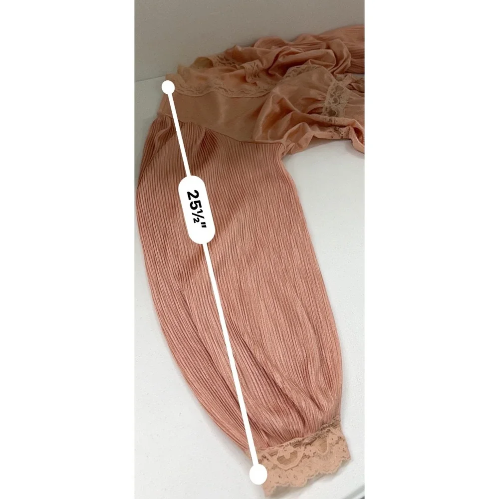 Vtg 70s Miss Elaine Pink Liquid Satin Plisse Maxi Wrap Robe Peignoir Lace Sz L